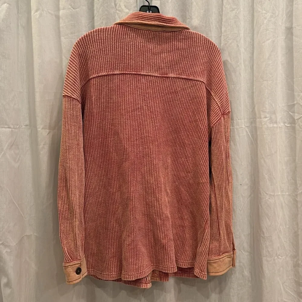 Vici Rigo Coral Pink Orange Sherbet Waffle Knit Oversized Button Down Shacket Sm
